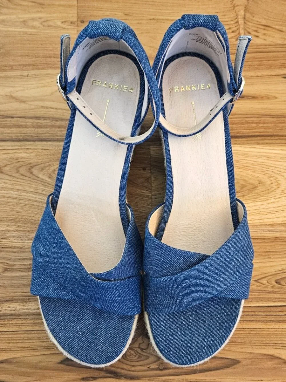 Frankie4 Baker Ankle Strap Espadrille Platform Wedge, Denim Canvas, Size 10